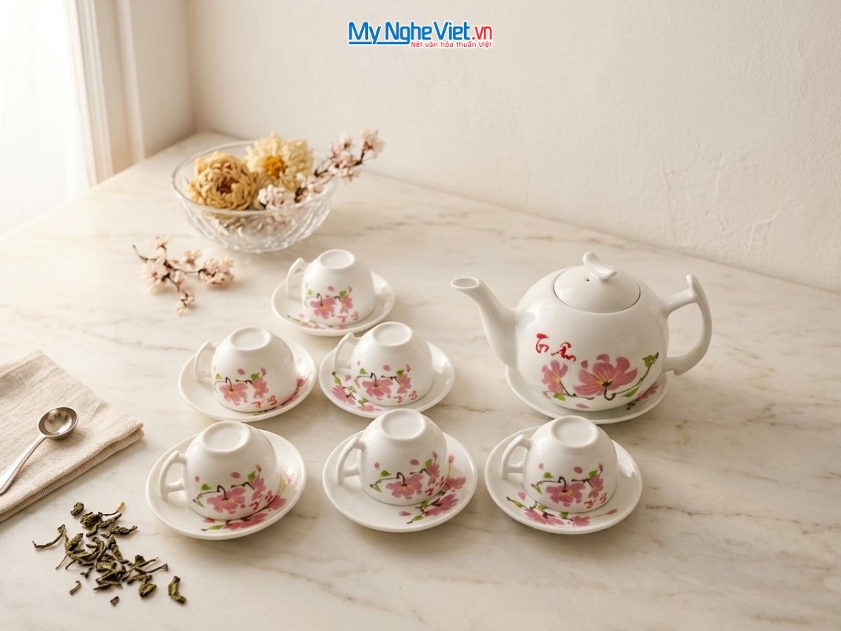 Bộ Bình Trà Men Trắng Dáng Bưởi Cành Hoa Giấy MNV-BT011-1