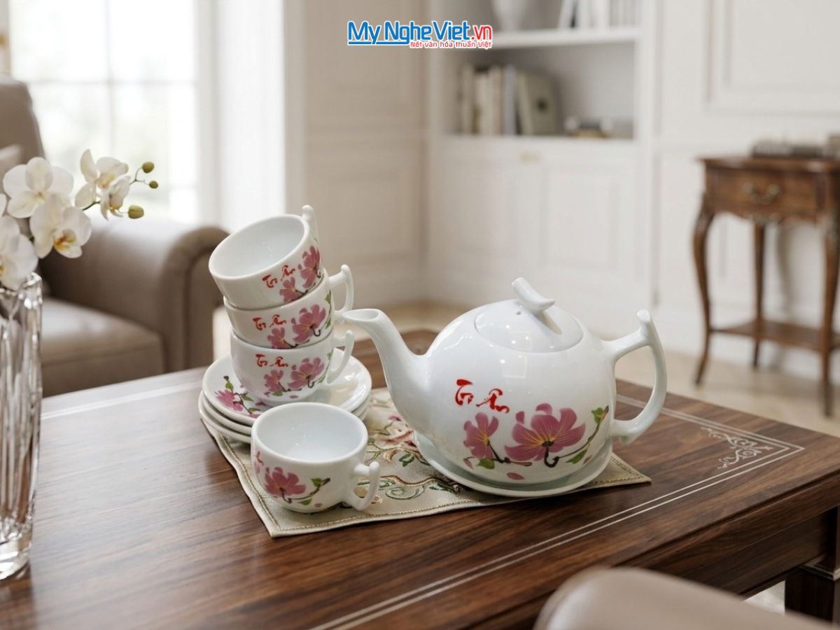 Bộ Bình Trà Men Trắng Dáng Bưởi Cành Hoa Giấy MNV-BT011-1