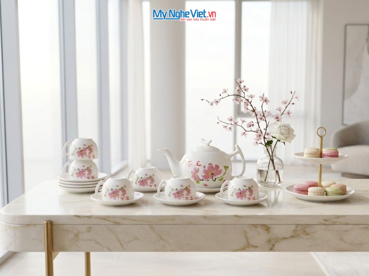 Bộ Bình Trà Men Trắng Dáng Bưởi Cành Hoa Giấy MNV-BT011-1