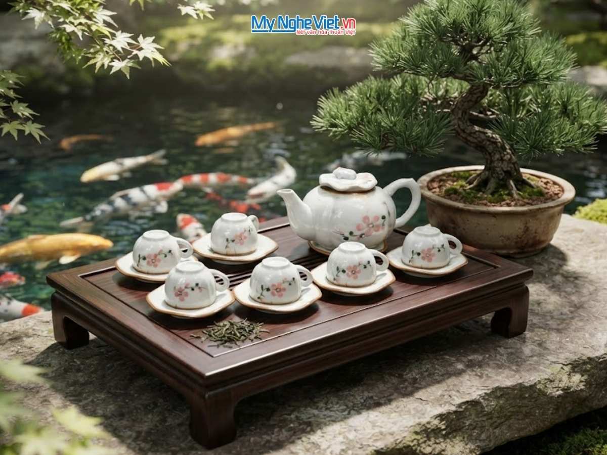 Bộ Bình Trà Men Trắng Dáng Ếch Vẽ Hoa Đào MNV-TS450/1