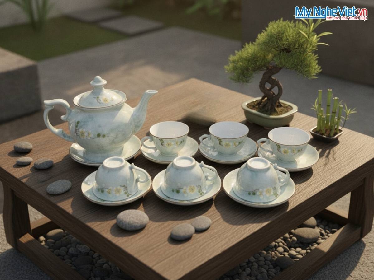 Bộ Bình Trà Men Vân Đá Dáng Cát Tường Hoa Ban Trắng Màu Xanh Lam VBT12/8