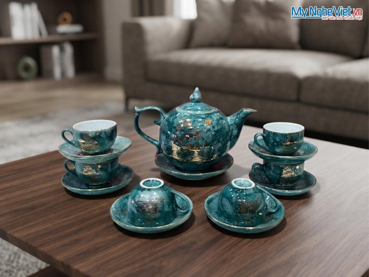 Bộ Bình Trà Men Vân Đá Vẽ Vàng Kim Thuận Buồm Xuôi Gió VBT12/14