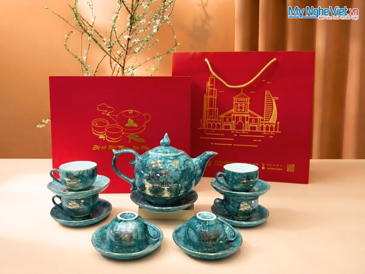 Bộ Bình Trà Men Vân Đá Vẽ Vàng Kim Thuận Buồm Xuôi Gió VBT12/14