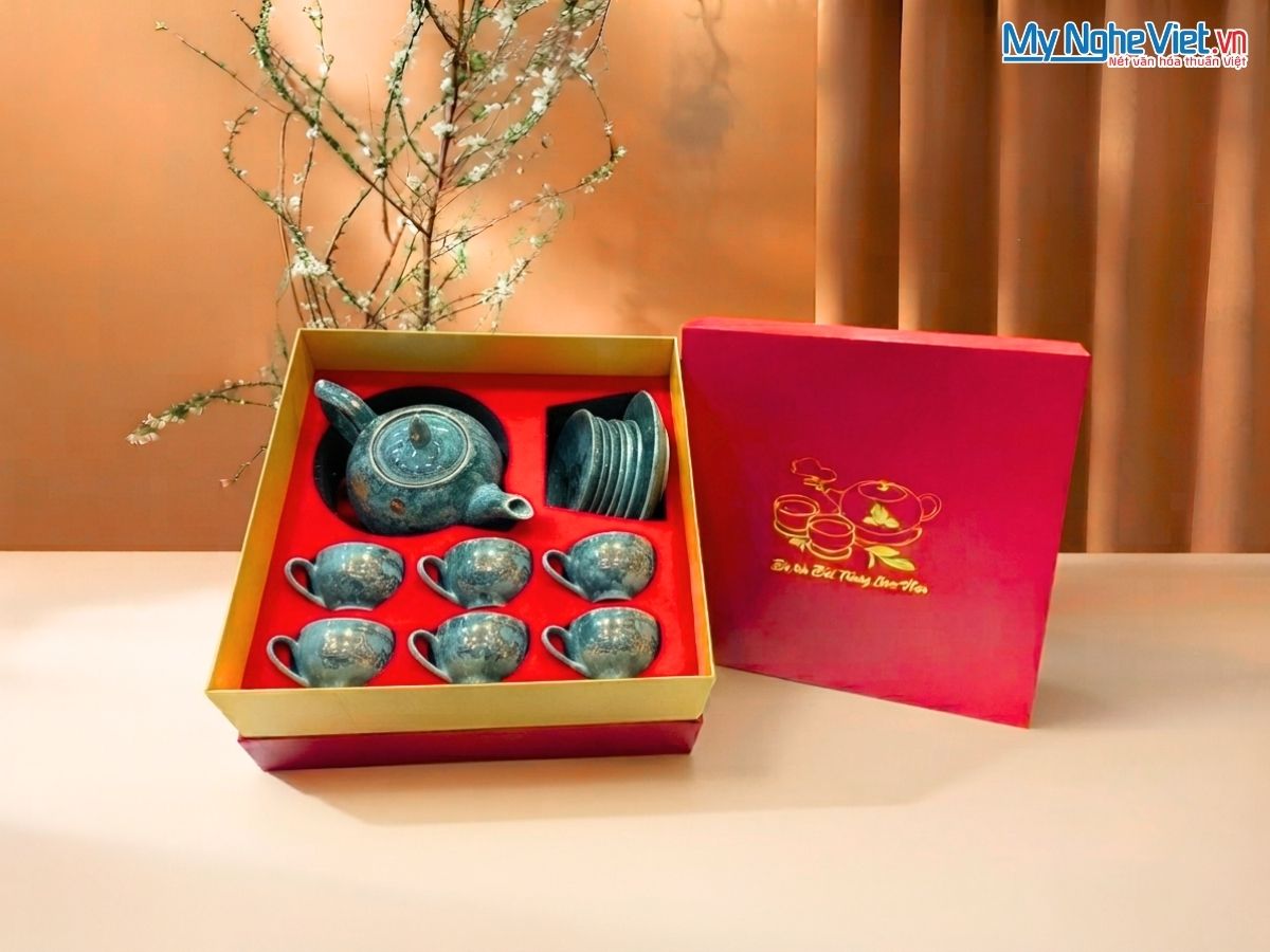 Bộ Bình Trà Men Vân Đá Vẽ Vàng Kim Thuận Buồm Xuôi Gió VBT12/14