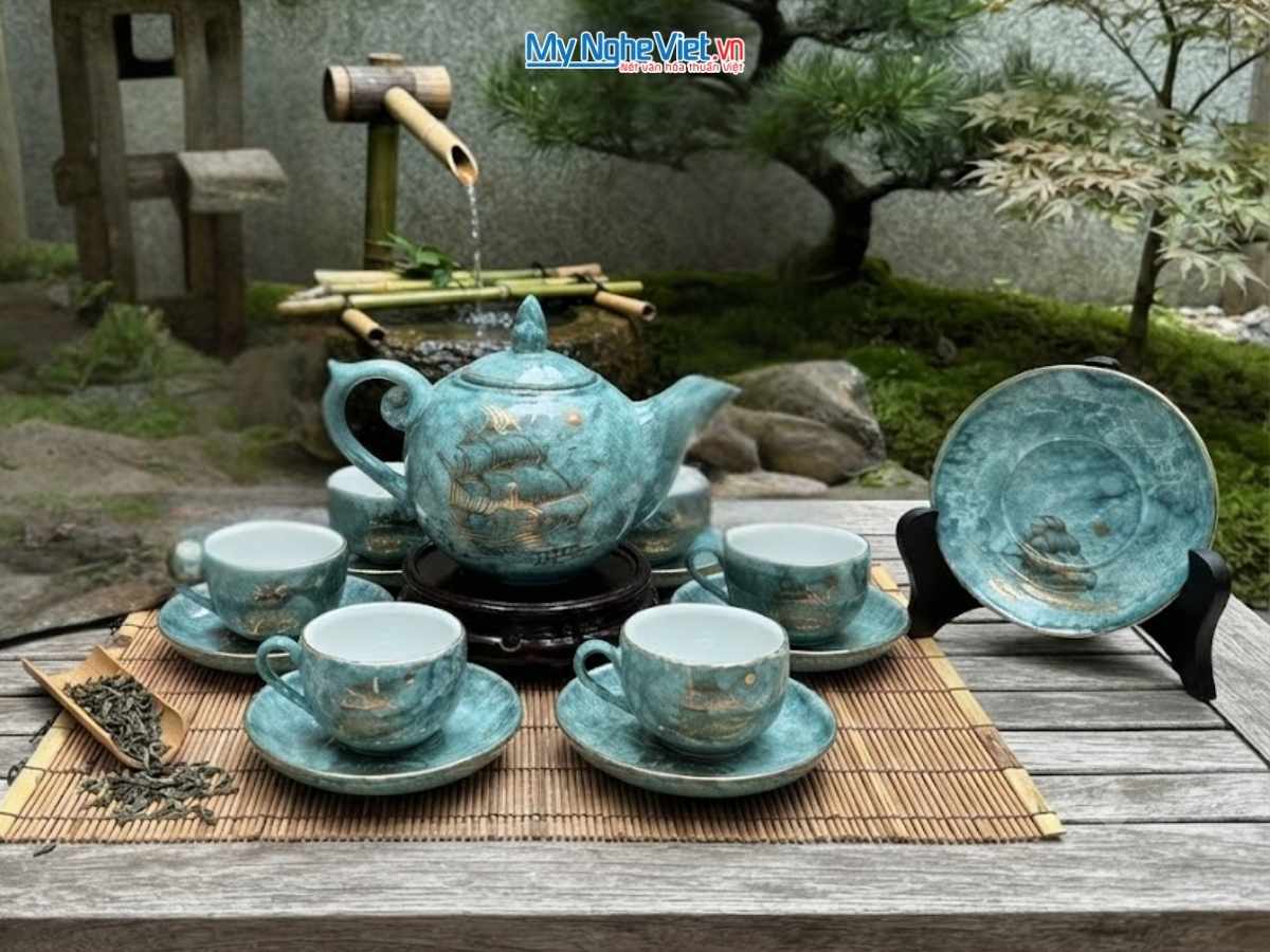 Bộ Bình Trà Men Vân Đá Vẽ Vàng Kim Thuận Buồm Xuôi Gió VBT12/14