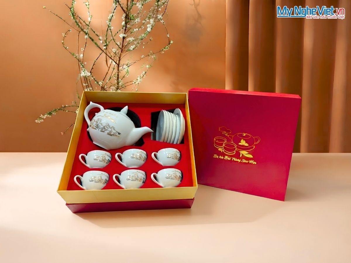 Bộ Bình Trà Men Vân Đá Vẽ Vàng Kim Mã Đáo Thành Công MNV-BTV11