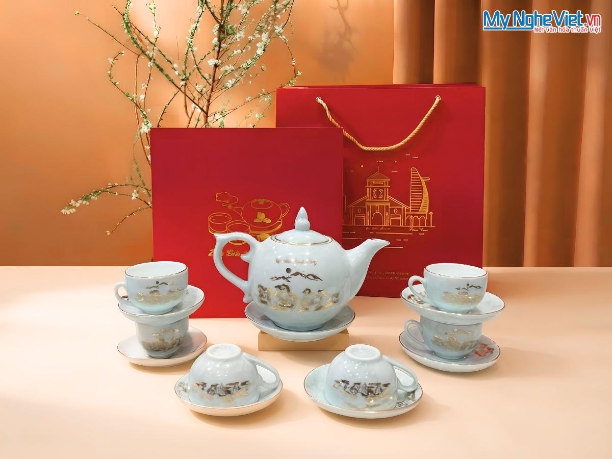 Bộ Bình Trà Men Vân Đá Vẽ Vàng Kim Mã Đáo Thành Công MNV-BTV11