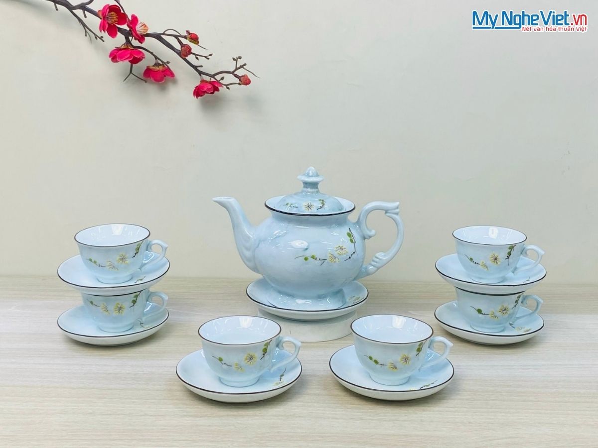 Bộ Bình Trà Men Vân Đá Dáng Cát Tường Hoa Ban Trắng Màu Xanh Lam VBT12/8