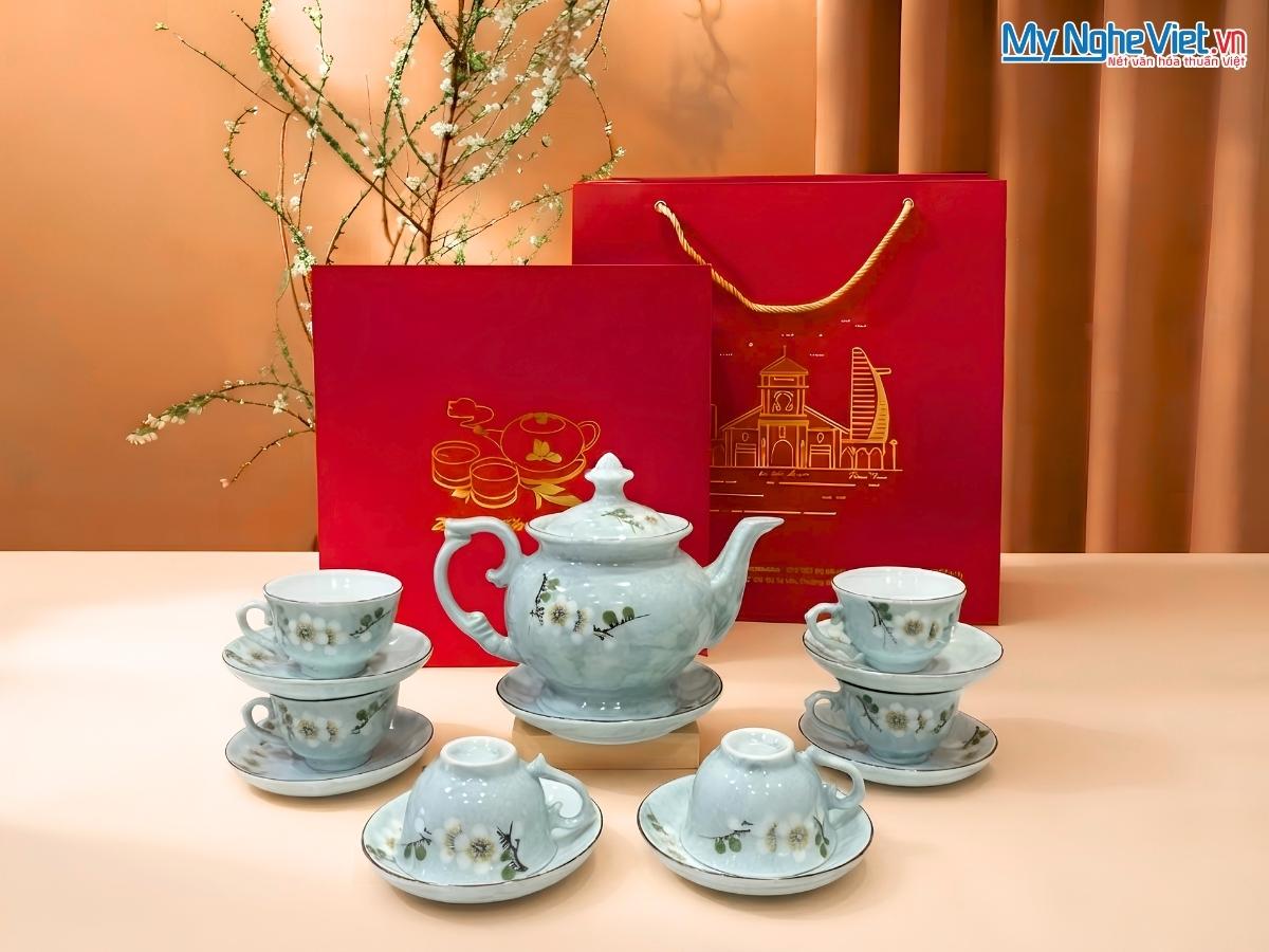 Bộ Bình Trà Men Vân Đá Dáng Cát Tường Hoa Ban Trắng Màu Xanh Lam VBT12/8