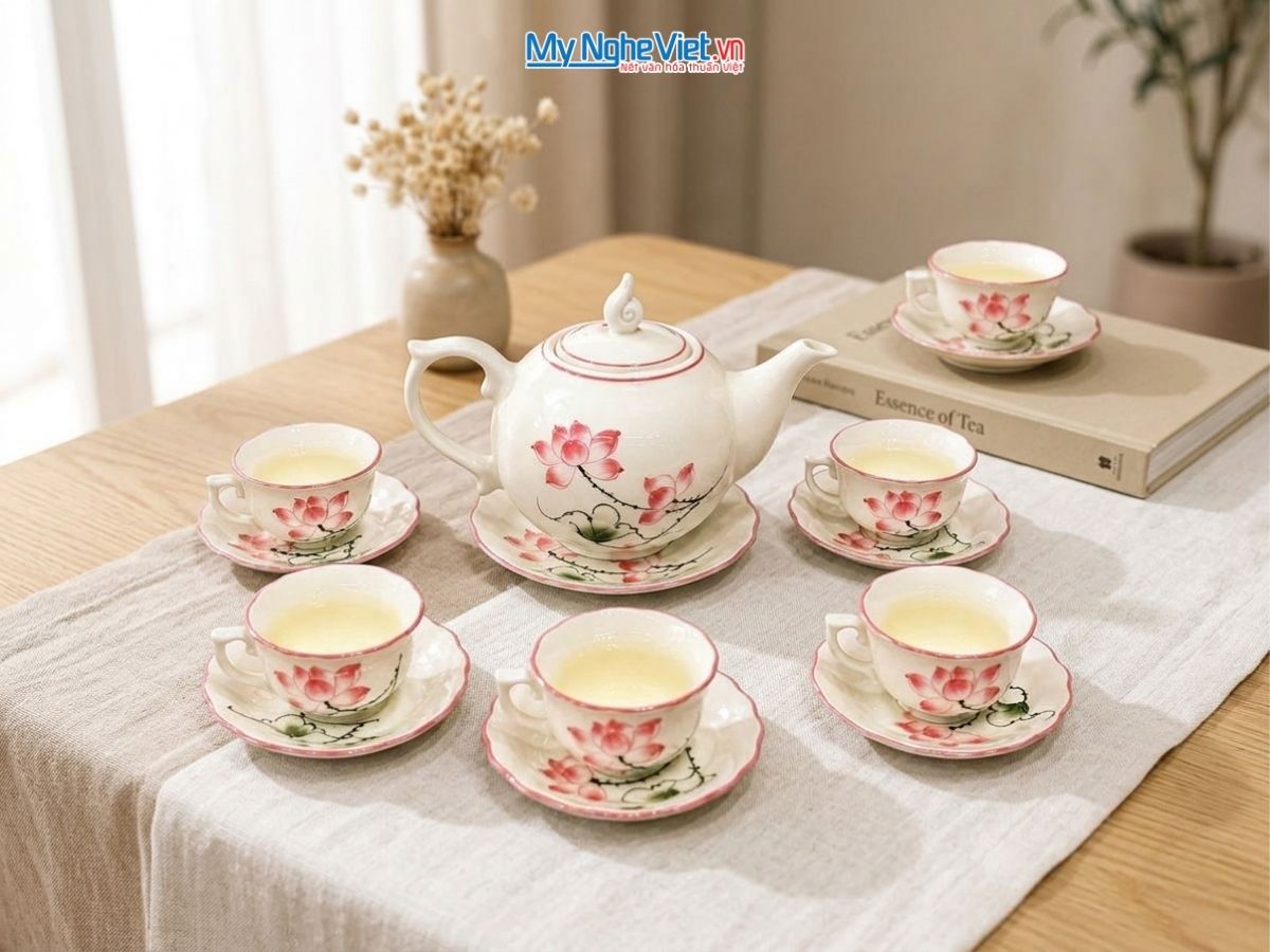 Bộ Bình Trà Dáng Chóp Lửa Men Kem Vẽ Sen Hồng 600ml HBT82026.2