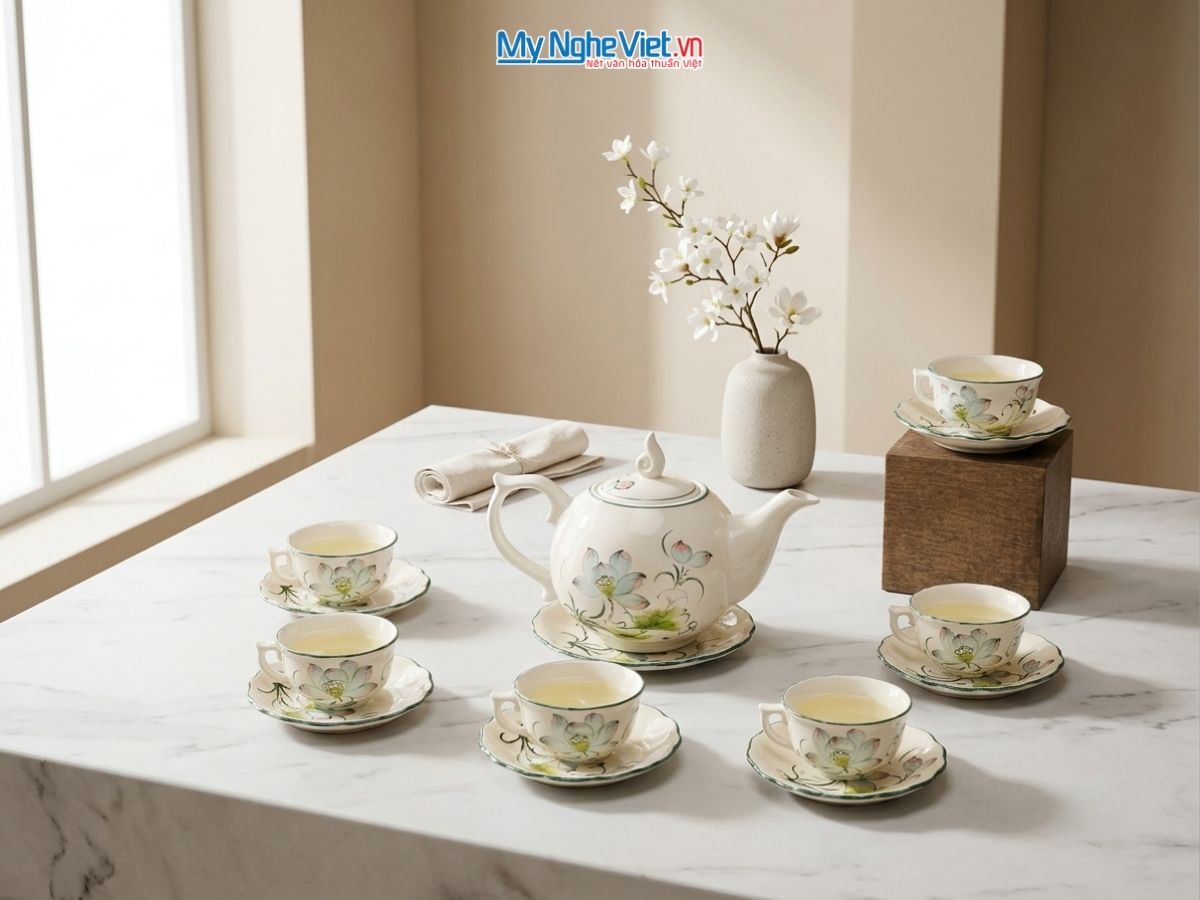 Bộ Bình Trà Dáng Chóp Lửa Men Kem Vẽ Sen Xanh 600ml HBT82026.1
