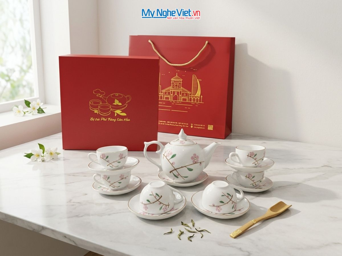 Bộ Bình Trà Men Trắng Dáng Bưởi Hoa Đào VBT12.1SG