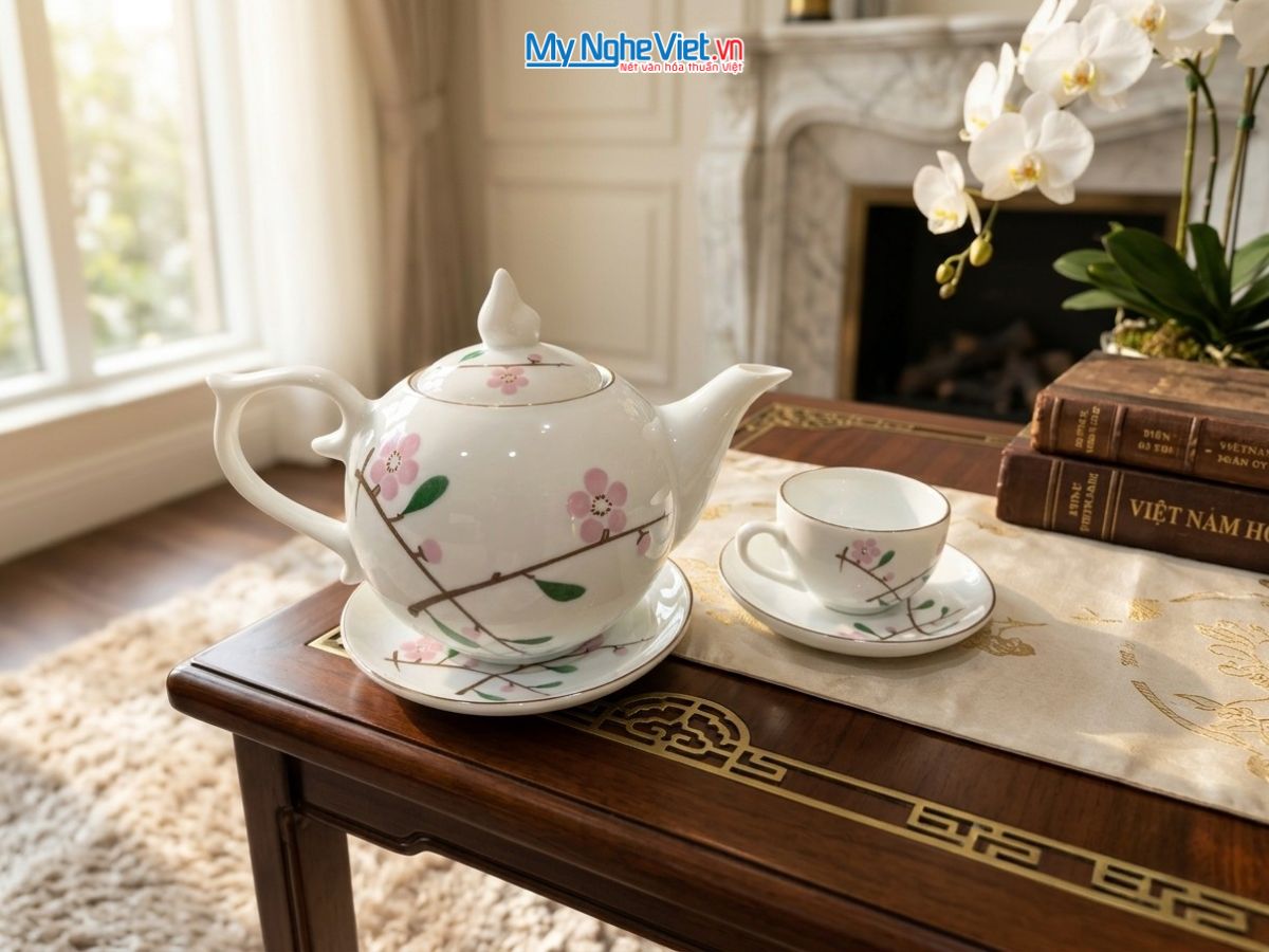 Bộ Bình Trà Men Trắng Dáng Bưởi Hoa Đào VBT12.1SG