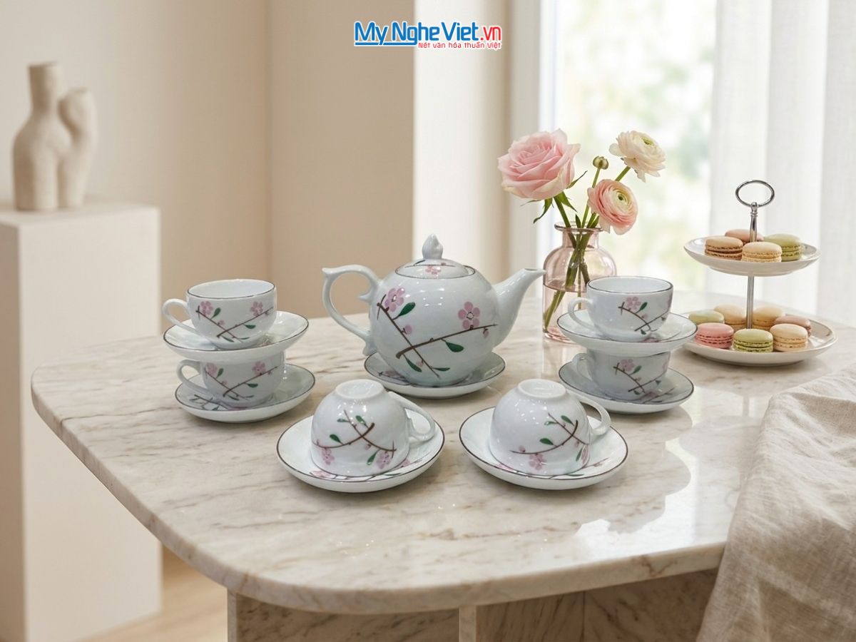 Bộ Bình Trà Men Trắng Dáng Bưởi Hoa Đào VBT12.1SG