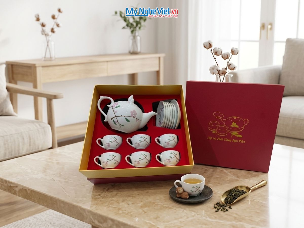 Bộ Bình Trà Men Trắng Dáng Bưởi Hoa Đào VBT12.1SG