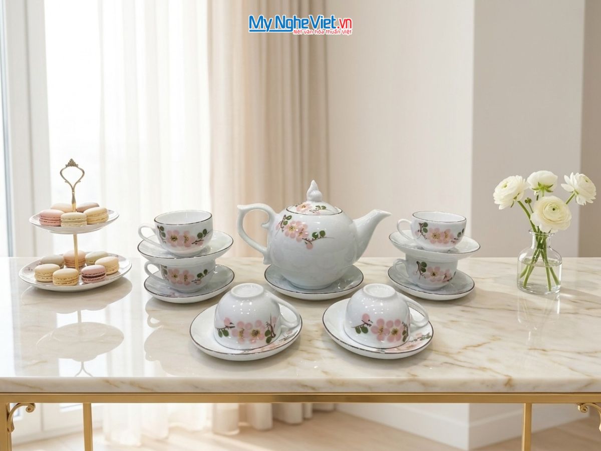 Bộ Bình Trà Men Trắng Dáng Bưởi Hoa Mận VBT12.2SG