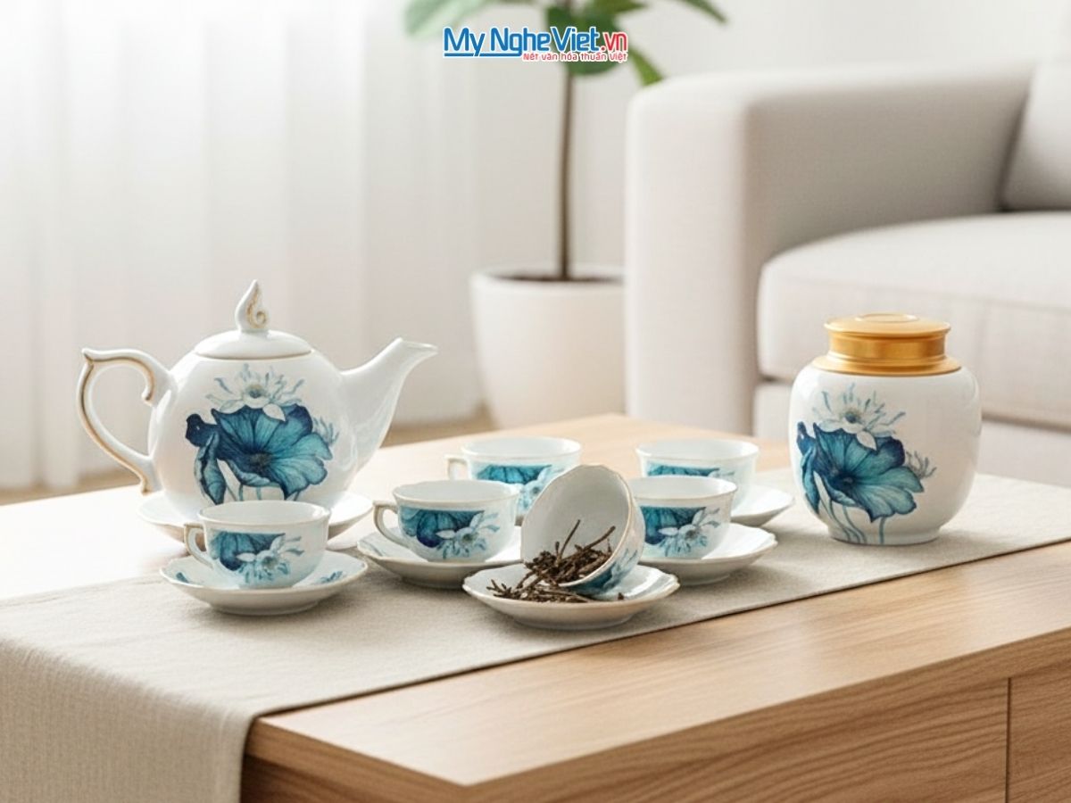 Bộ Bình Trà Dáng Mẫu Đơn Vẽ Sen Viền Chỉ Vàng Kim Và Hũ Trà MNV-HBT1223/6