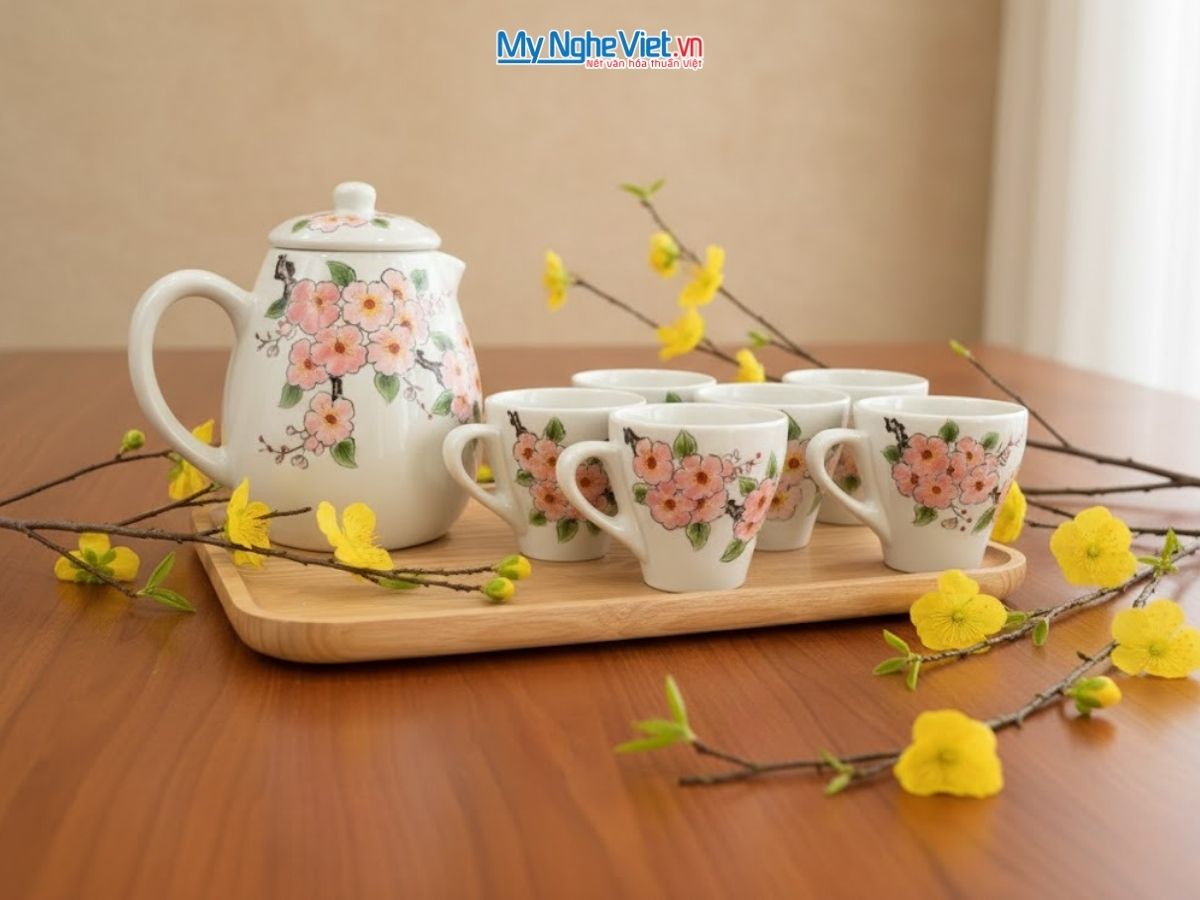 Bộ Bình Trà Men Trắng Vẽ Tay Hoa Đào Kèm Khay Gỗ HBT06-3