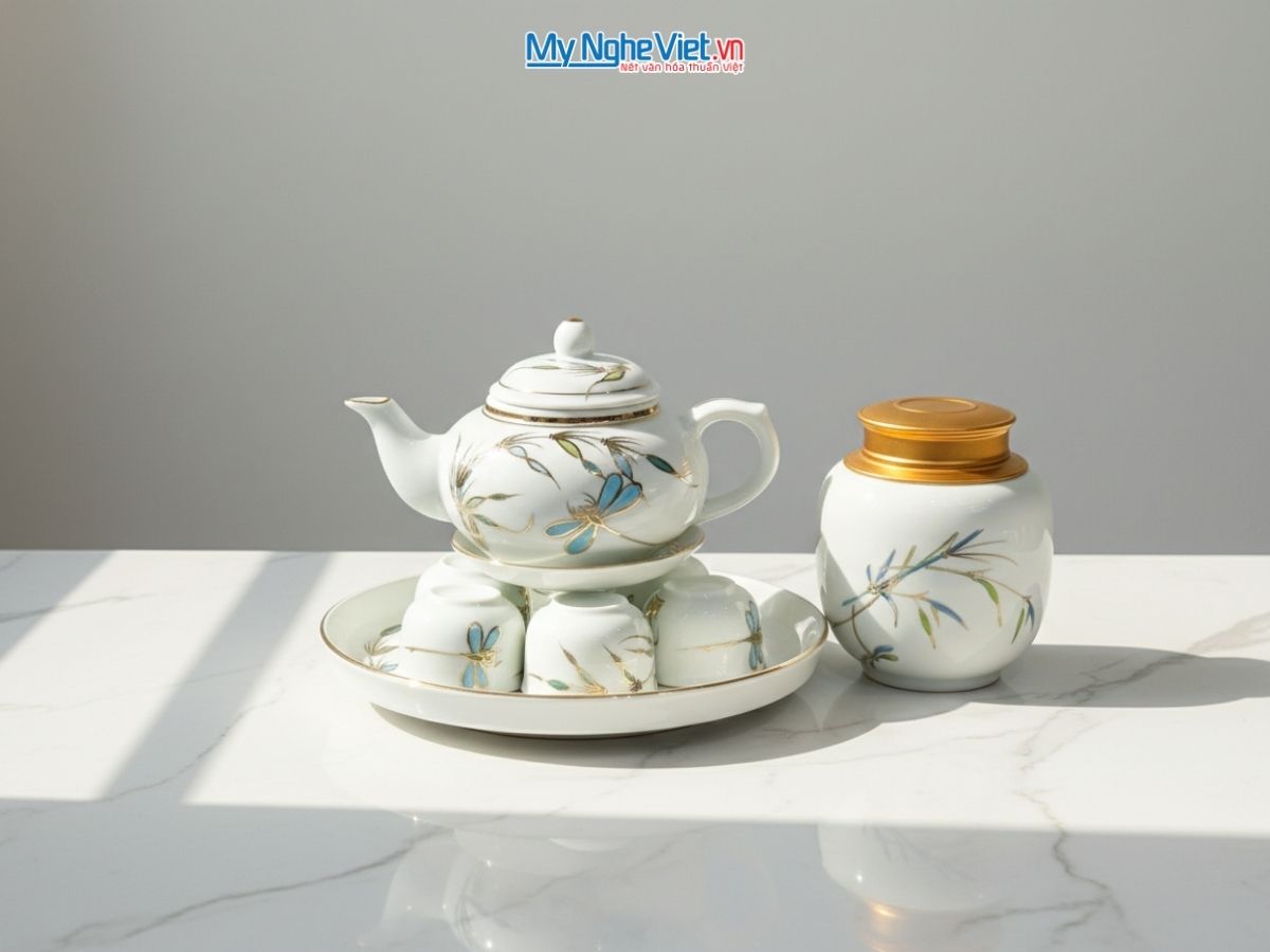 Bộ Bình Trà Men Trắng Vàng Kim Vẽ Trúc Chuồn Và Hũ Trà MNV-HBT1223/4
