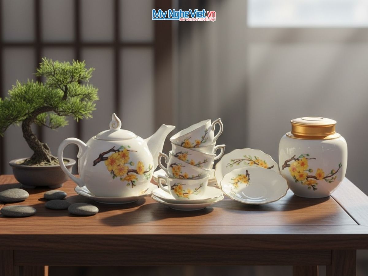 Bộ Bình Trà Dáng Mẫu Đơn Vẽ Hoa Mai Viền Chỉ Vàng Kim Và Hũ Trà MNV-HBT1223/8