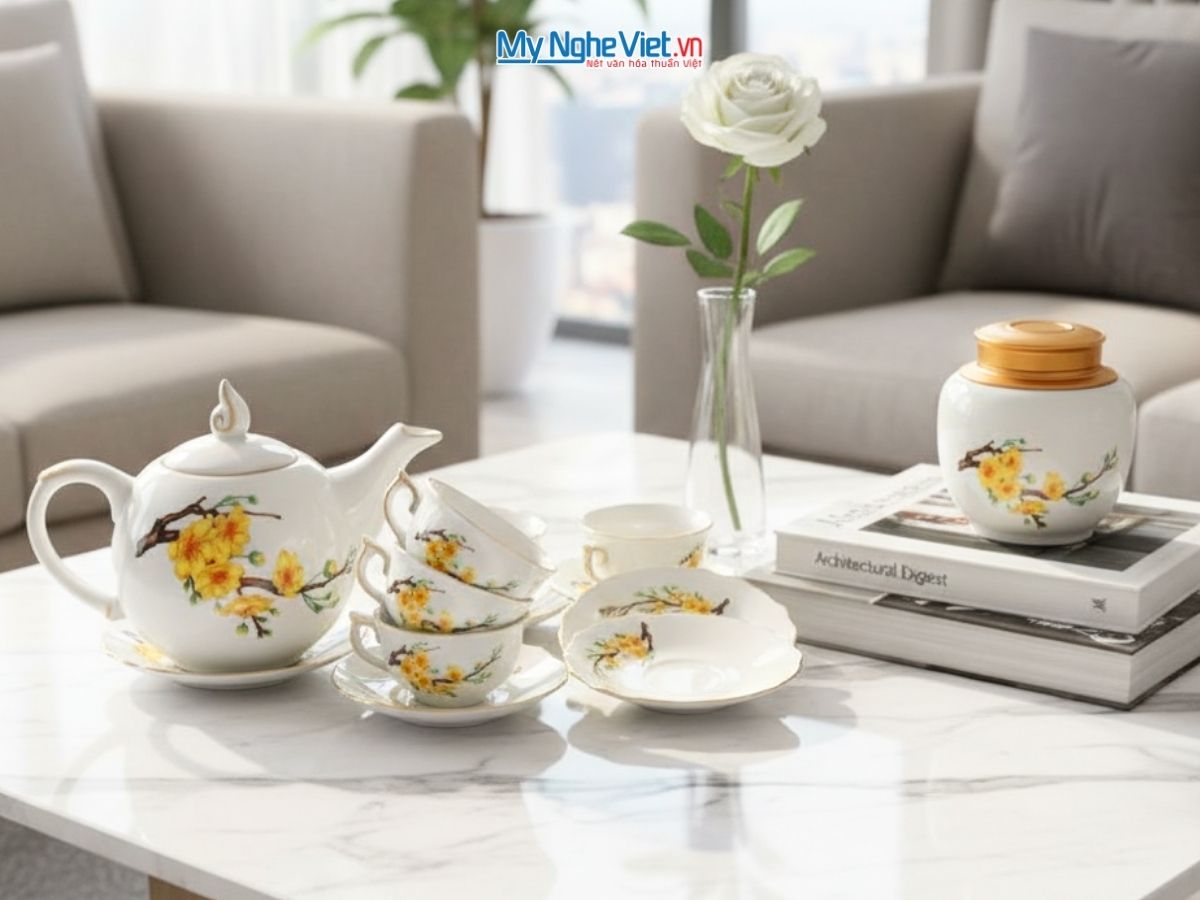 Bộ Bình Trà Dáng Mẫu Đơn Vẽ Hoa Mai Viền Chỉ Vàng Kim Và Hũ Trà MNV-HBT1223/8