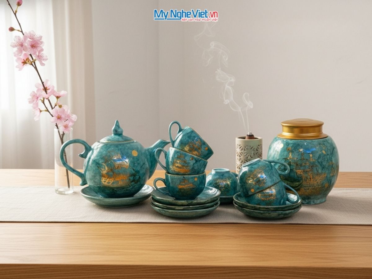 Bộ bình trà chóp lửa men vân đá lục Thuận Buồm Xuôi gió + hũ trà 200g BBT-VBT12/3