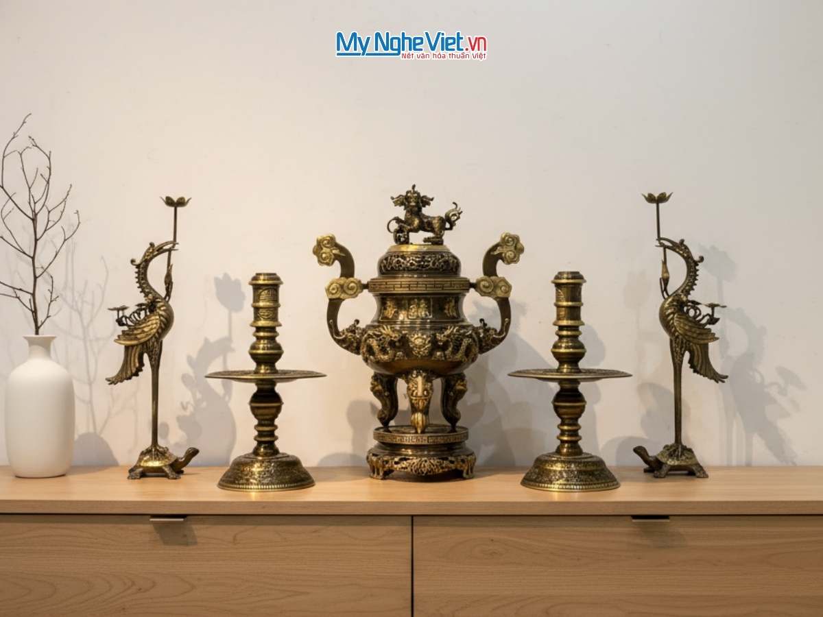 Bộ Đồ Thờ cúng Ngũ sự Đồng Cạo màu Cao Cấp Mới Đỉnh cao 55cm