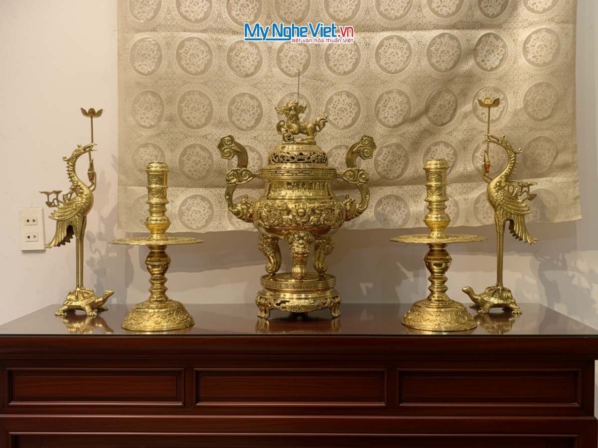 Bộ Lư (Đỉnh) Đồng Ngũ Sự và Đôi Chân Nến + Đôi Hạc Đồng - Bộ thờ cúng MNV-DD20-55