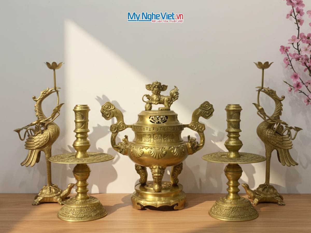 Combo Bộ Lư (Đỉnh) Đồng Ngũ Sự vàng đậm hoa sòi DD18/40NSS