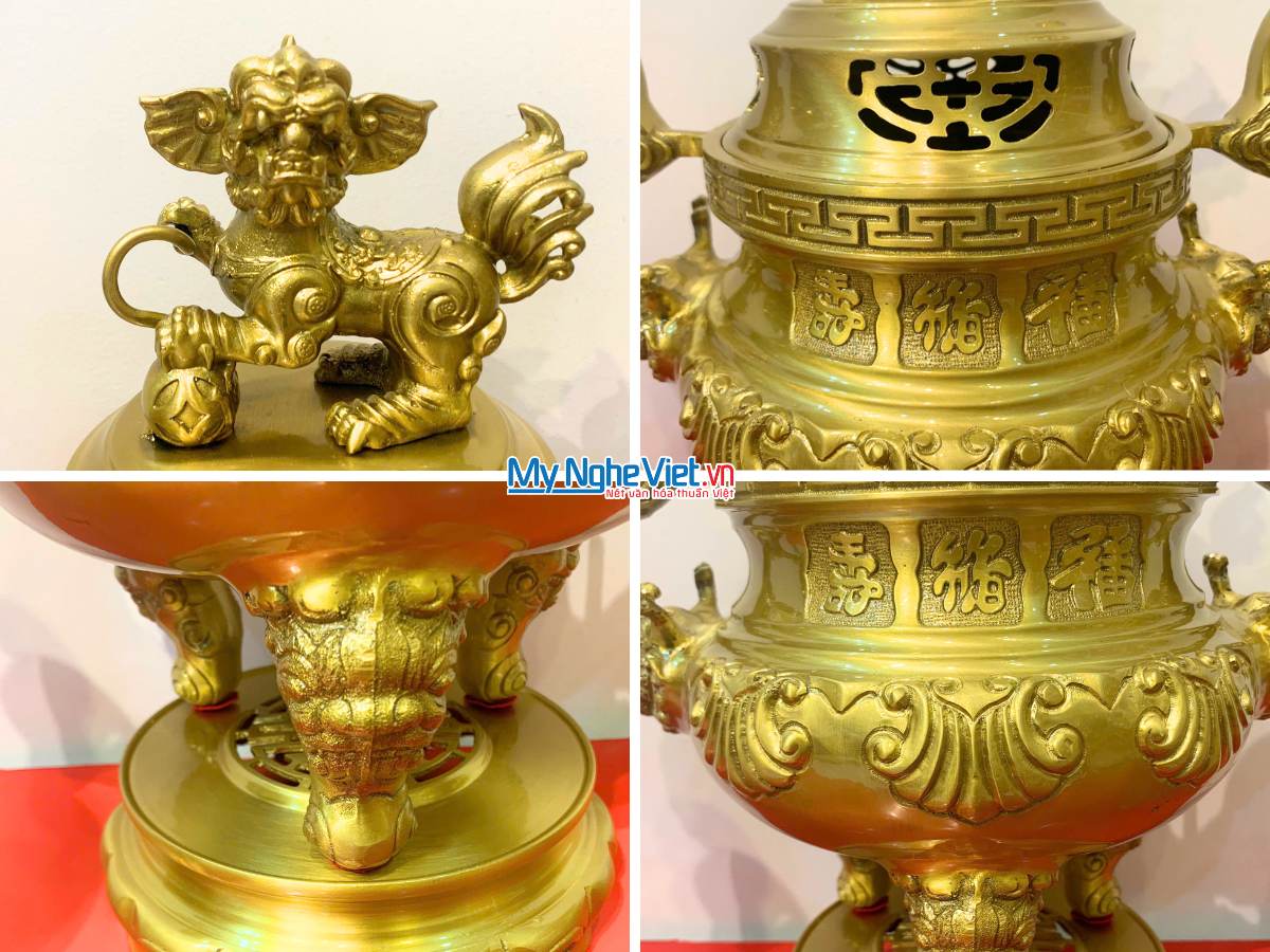 Combo Bộ Lư (Đỉnh) Đồng Ngũ Sự vàng đậm hoa sòi DD18/40NSS