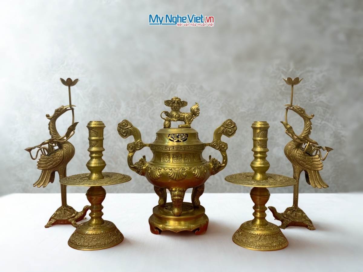 Combo Bộ Lư (Đỉnh) Đồng Ngũ Sự vàng đậm hoa sòi DD18/40NSS