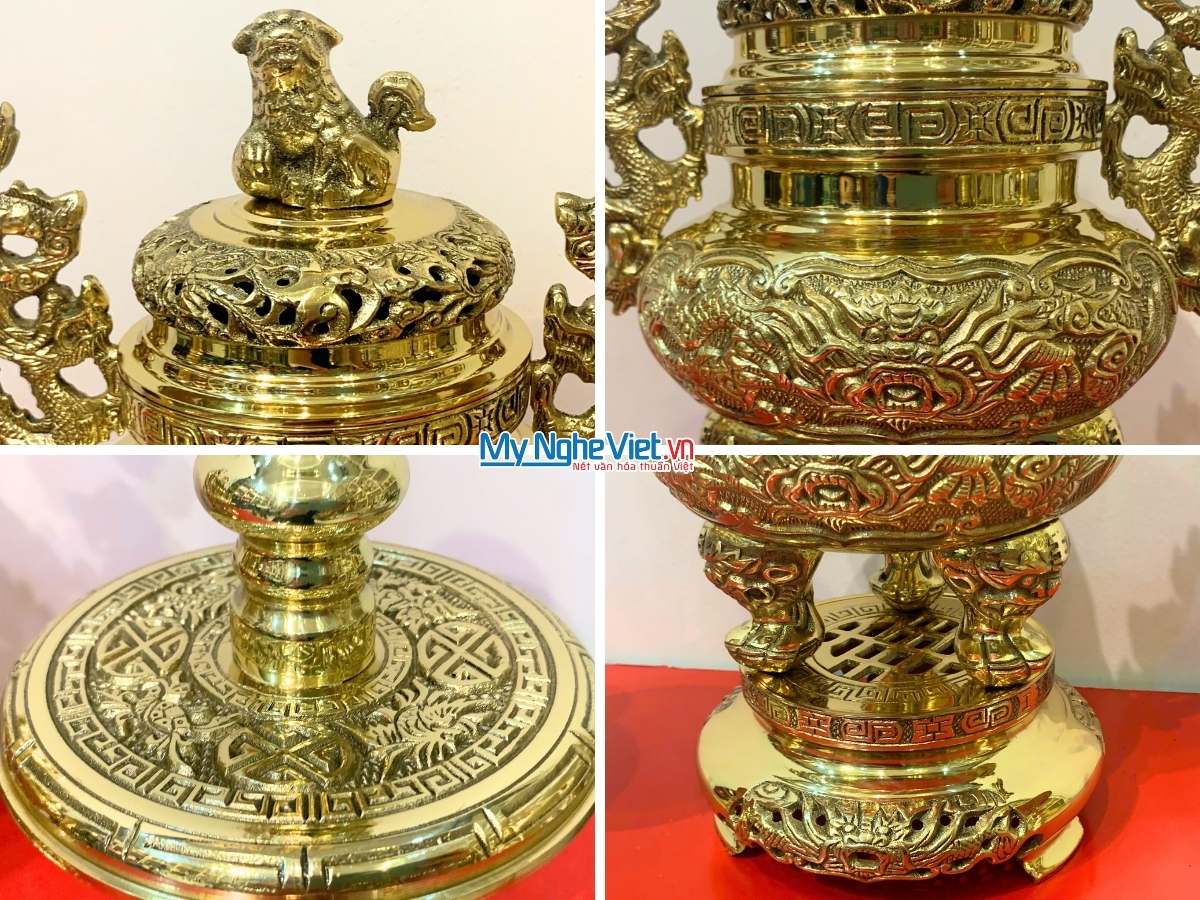 Bộ Lư (Đỉnh) Đồng Ngũ Sự và Đôi Chân Nến + Đôi Hạc Đồng Nhỏ - Bộ thờ cúng MNV-DD21