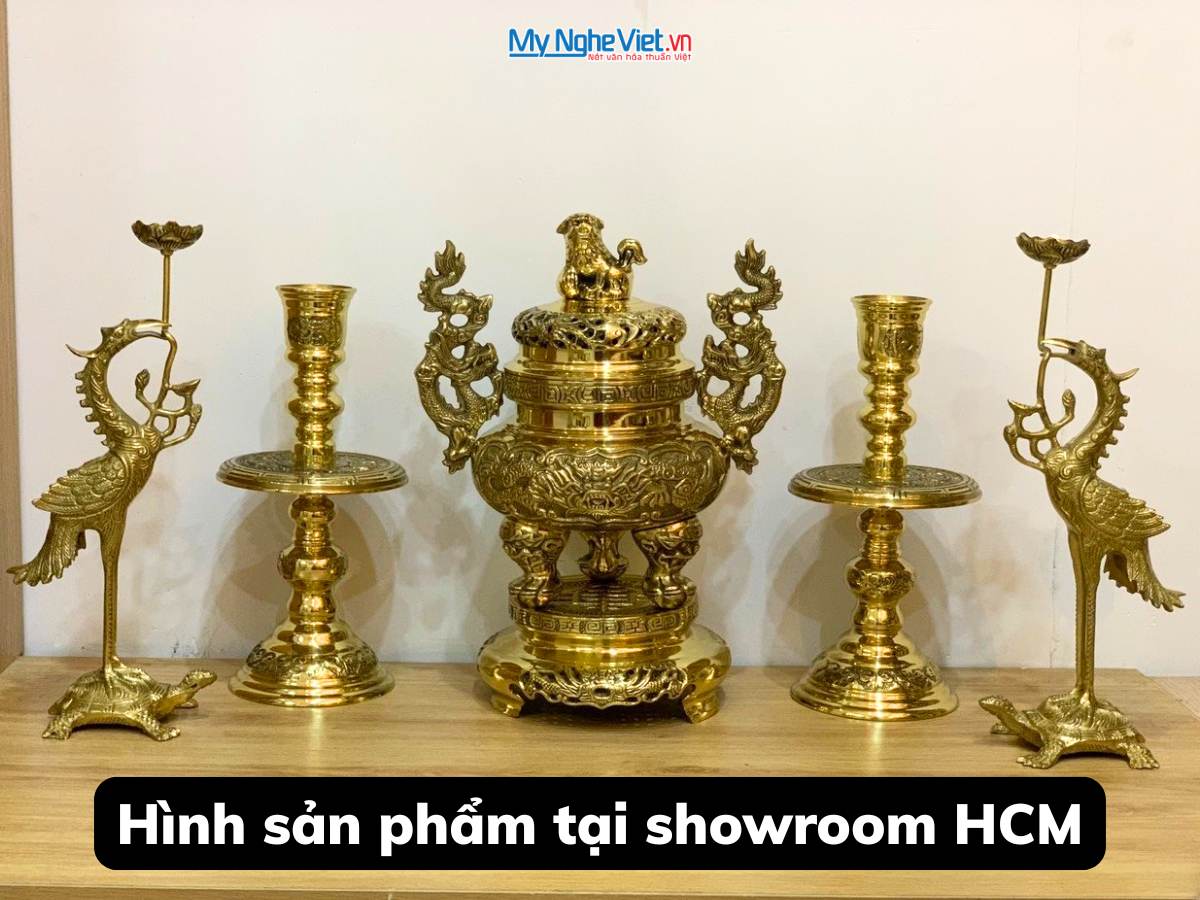 Bộ Lư (Đỉnh) Đồng Ngũ Sự và Đôi Chân Nến + Đôi Hạc Đồng Nhỏ - Bộ thờ cúng MNV-DD21