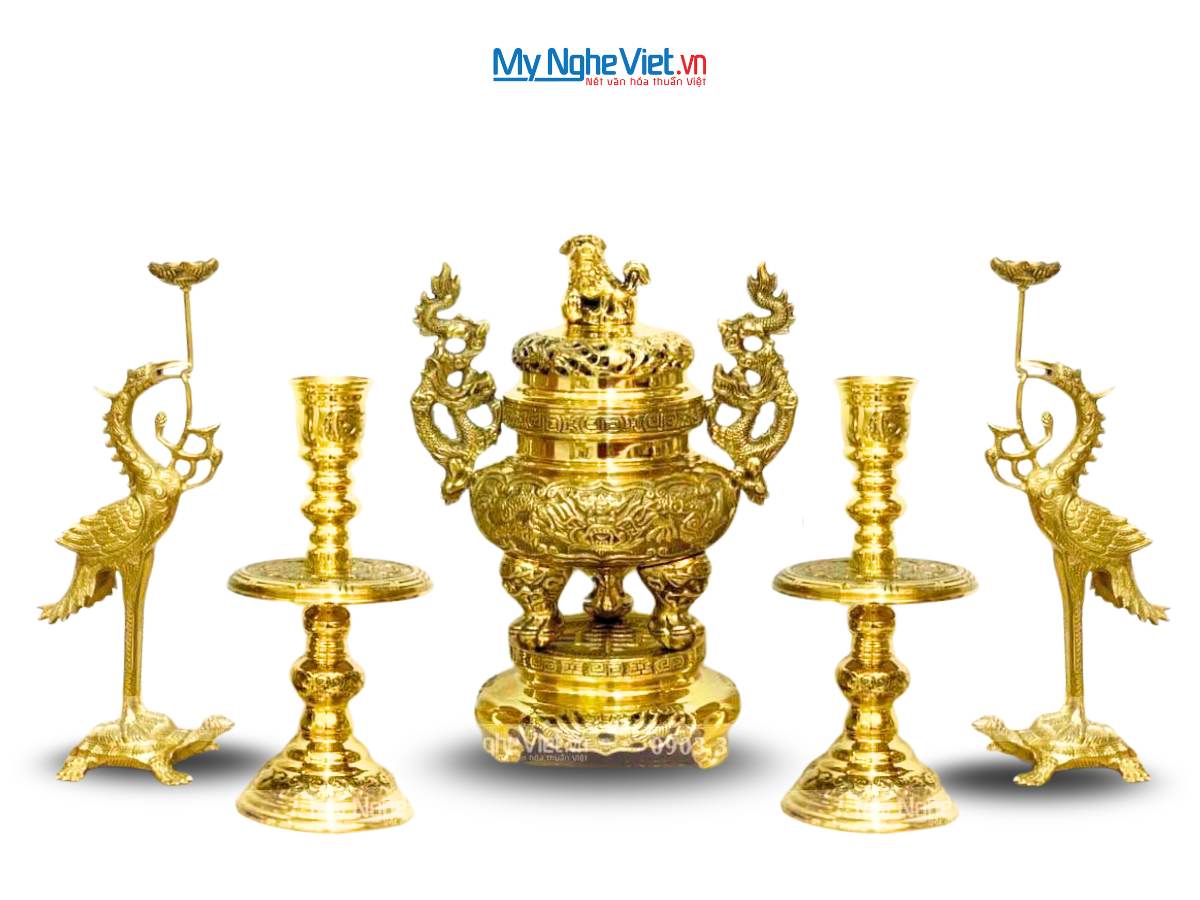 Bộ Lư (Đỉnh) Đồng Ngũ Sự và Đôi Chân Nến + Đôi Hạc Đồng Nhỏ - Bộ thờ cúng MNV-DD21