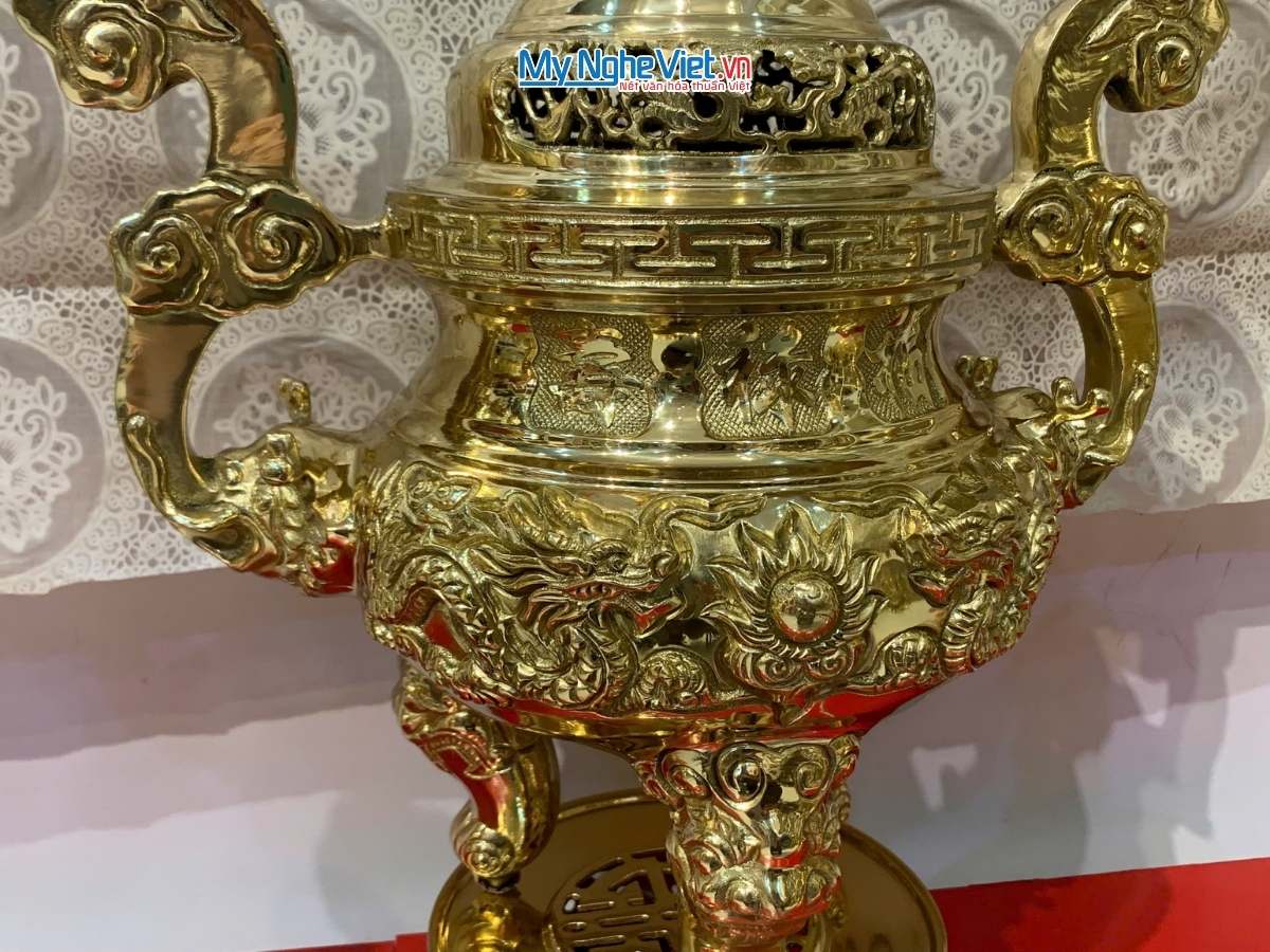 Bộ Lư (Đỉnh) Đồng Ngũ Sự và Đôi Chân Nến + Đôi Hạc Đồng - Bộ thờ cúng MNV-DD20-55