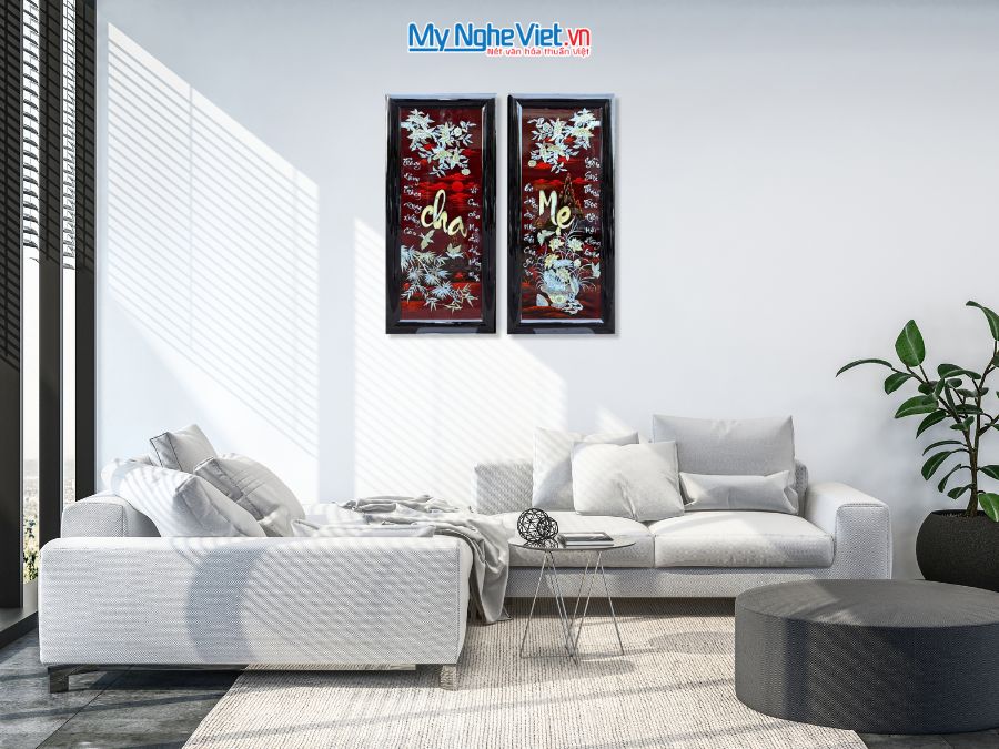 Bộ Tranh Sơn Mài Chữ Cha Mẹ Cẩn Ốc Nền Ấm 108x96cm MNV-TSMTBL34CC-5