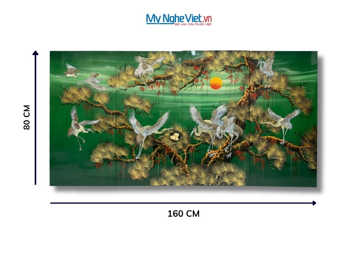 Bộ tranh sơn mài cẩn ốc 40x80 tùng cò lá xanh TSM4080TC-1