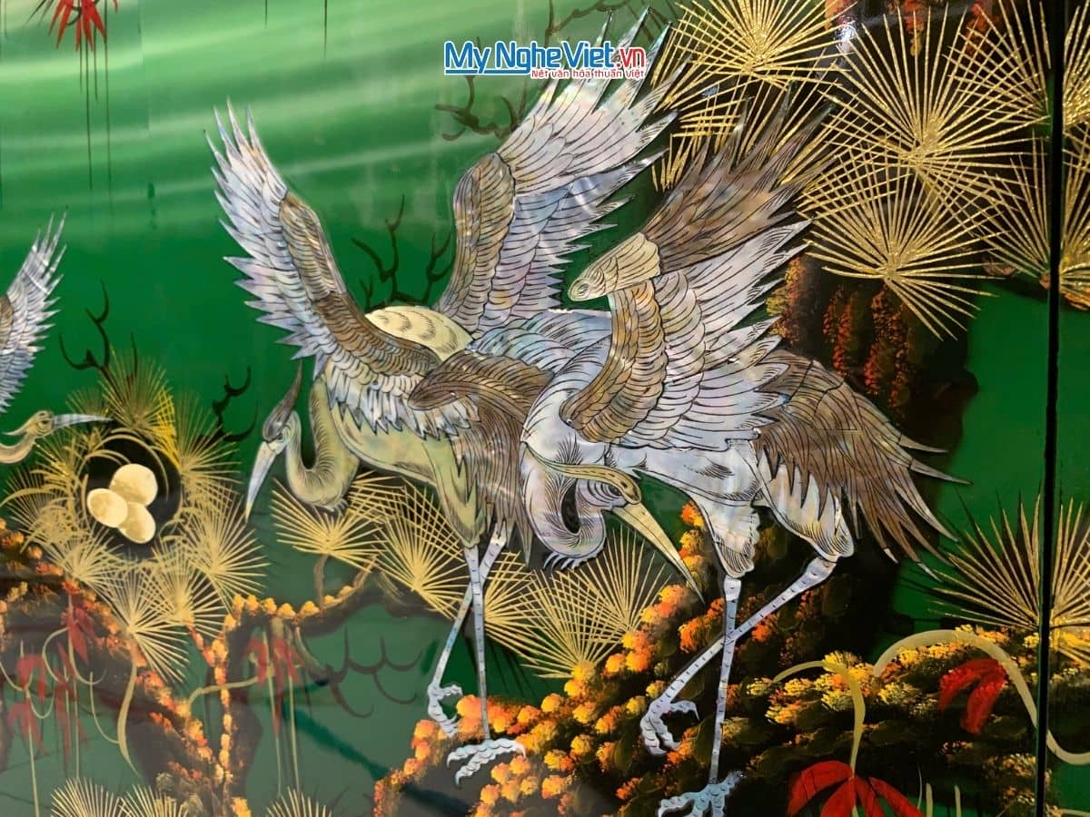 Bộ tranh sơn mài cẩn ốc 40x80 tùng cò lá xanh TSM4080TC-1