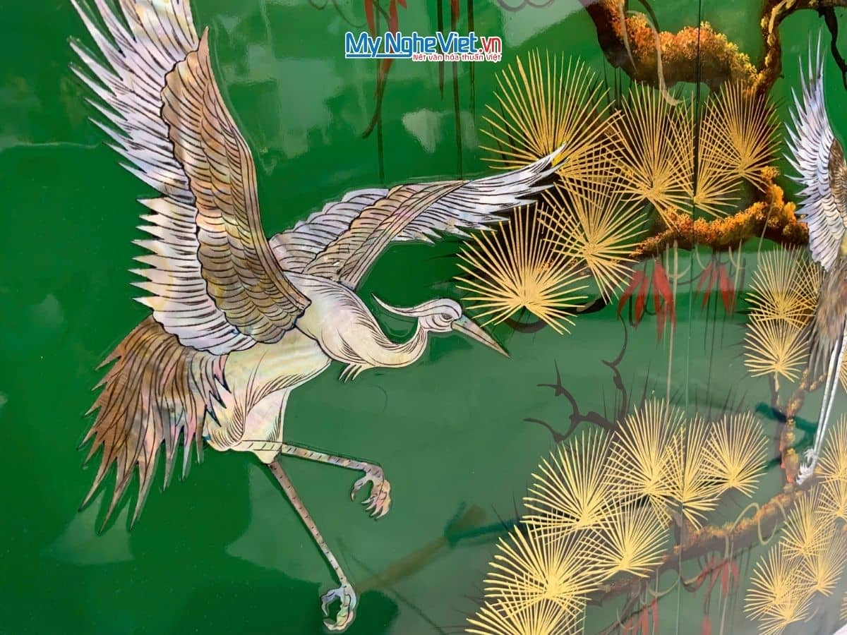 Bộ tranh sơn mài cẩn ốc 40x80 tùng cò lá xanh TSM4080TC-1