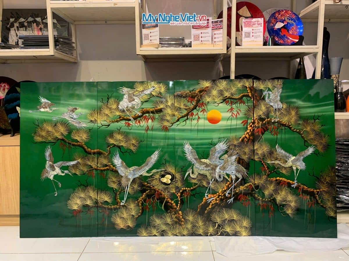 Bộ tranh sơn mài cẩn ốc 40x80 tùng cò lá xanh TSM4080TC-1