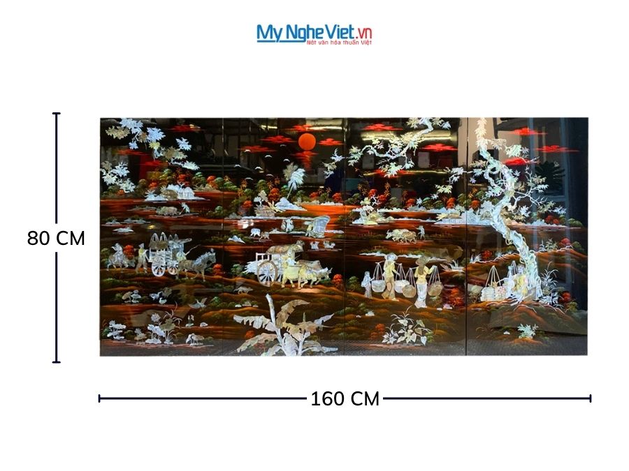 Bộ Tranh Sơn Mài Đồng Quê Cẩn Chìm Nền Ấm 40x80 TSM483-1