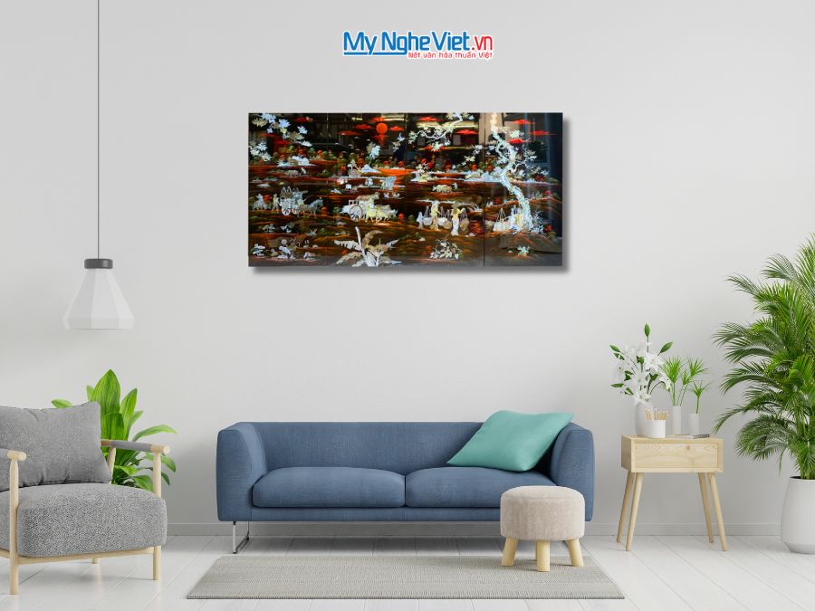 Bộ Tranh Sơn Mài Đồng Quê Cẩn Chìm Nền Ấm 40x80 TSM483-1