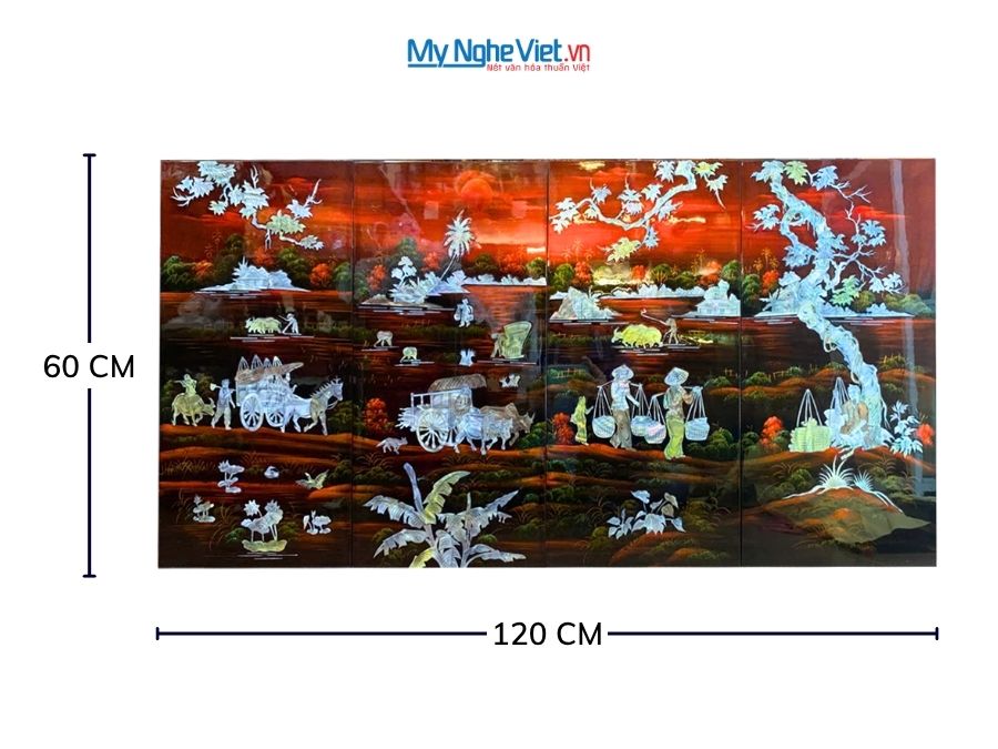 Bộ Tranh Sơn Mài Đồng Quê Cẩn Nổi Nền Ấm 30x60 TSM363-2