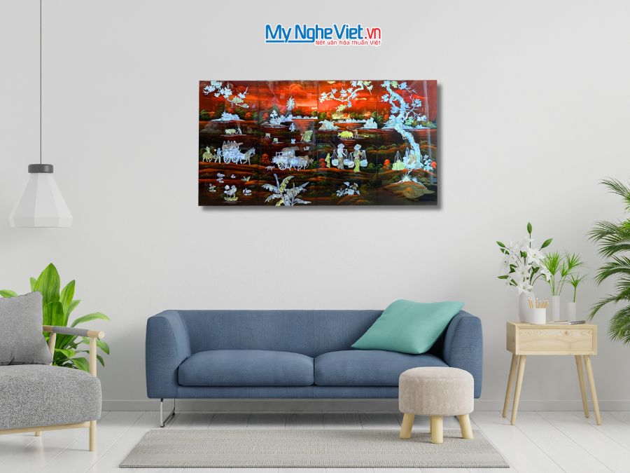 Bộ Tranh Sơn Mài Đồng Quê Cẩn Nổi Nền Ấm 30x60 TSM363-2