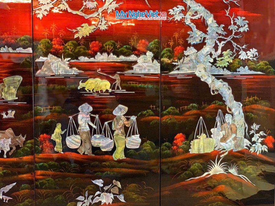 Bộ Tranh Sơn Mài Đồng Quê Cẩn Nổi Nền Ấm 30x60 TSM363-2