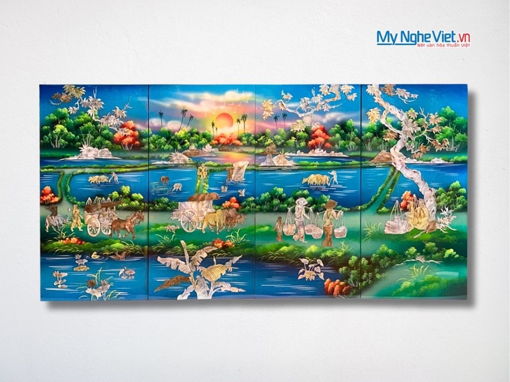 Bộ Tranh Sơn Mài Đồng Quê Cẩn Nổi Nền Xanh 30x60 TSM36ĐQ