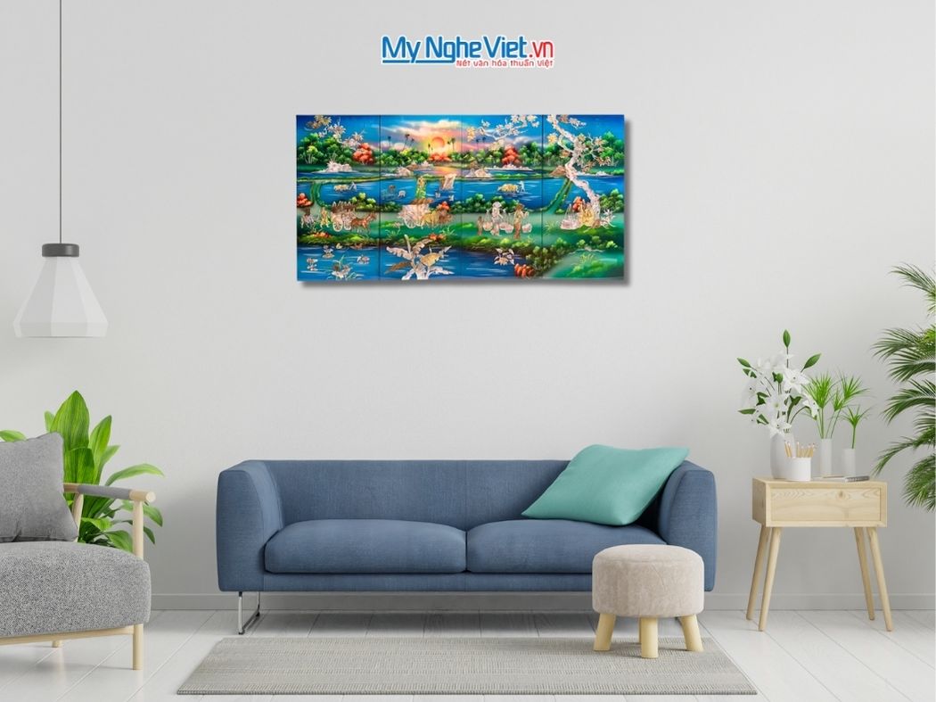 Bộ Tranh Sơn Mài Đồng Quê Cẩn Nổi Nền Xanh 30x60 TSM36ĐQ