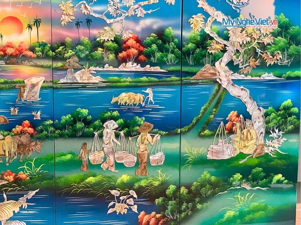 Bộ Tranh Sơn Mài Đồng Quê Cẩn Nổi Nền Xanh 30x60 TSM36ĐQ