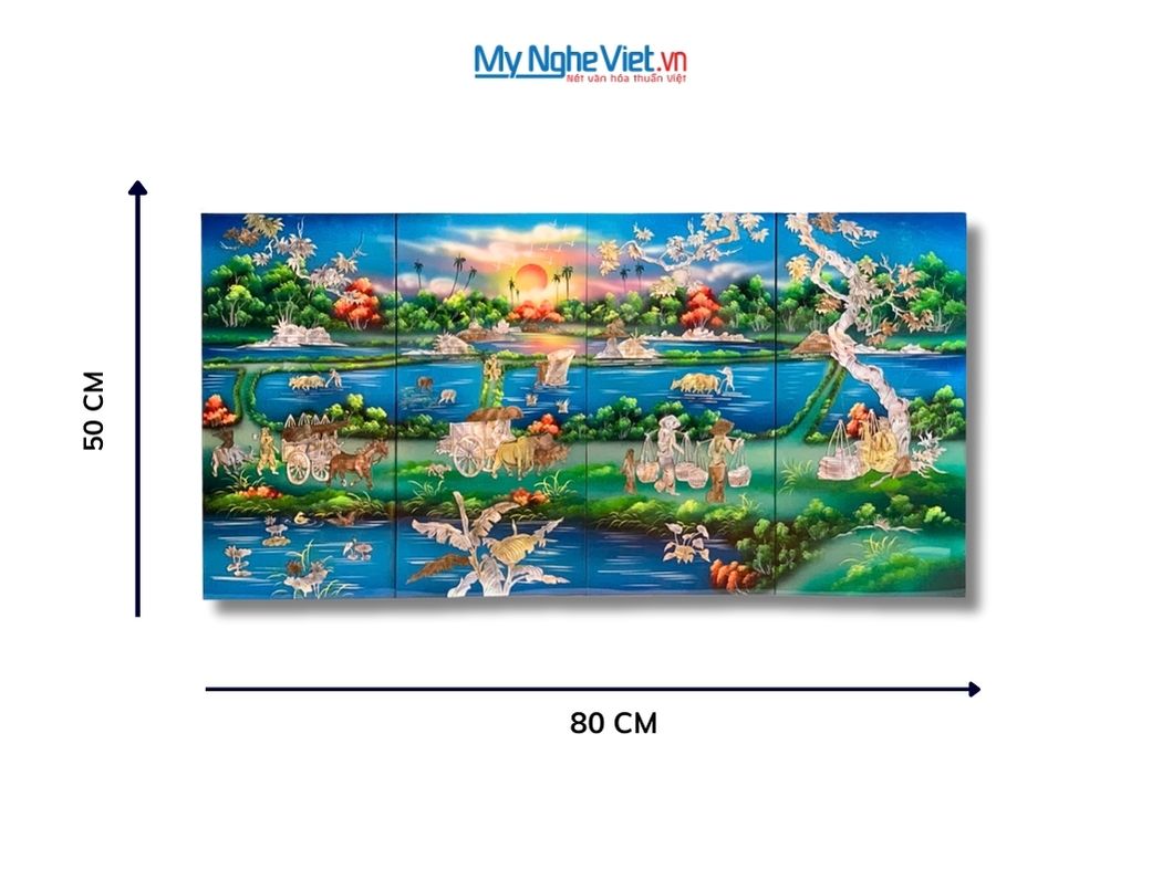 Bộ Tranh Sơn Mài Đồng Quê Cẩn Nổi Nền Xanh 30x60 TSM36ĐQ