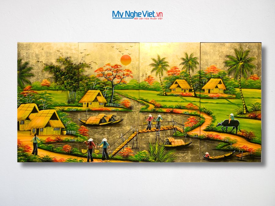 Bộ Tranh Sơn Mài Đồng Quê Dát Vàng 30x60 MNV-TSM363-3